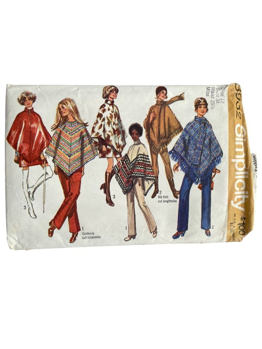 Vintage 70s Simplicity 8932 Sewing Pattern Size 12 Poncho Mini Skirt & Pants CUT